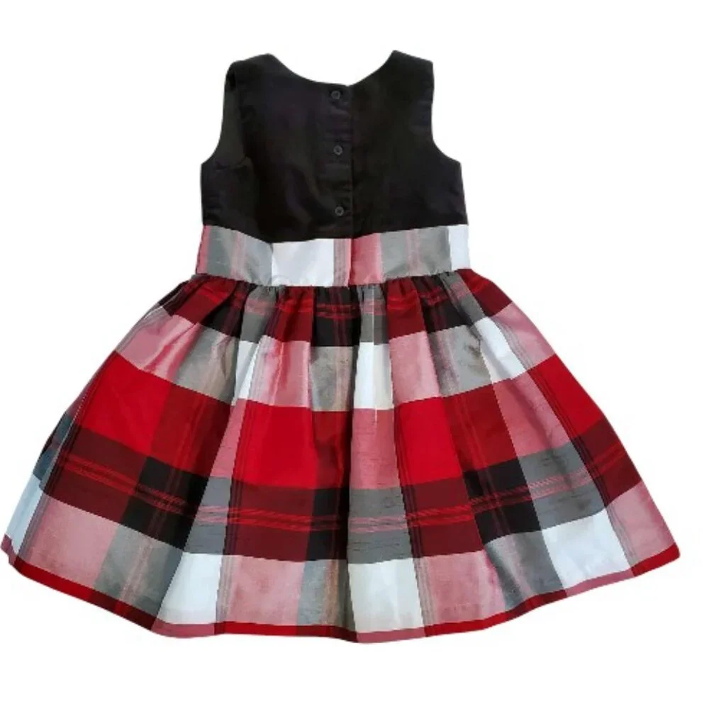 Girls Black Bodice Red Plaid Holiday Dress with Bow